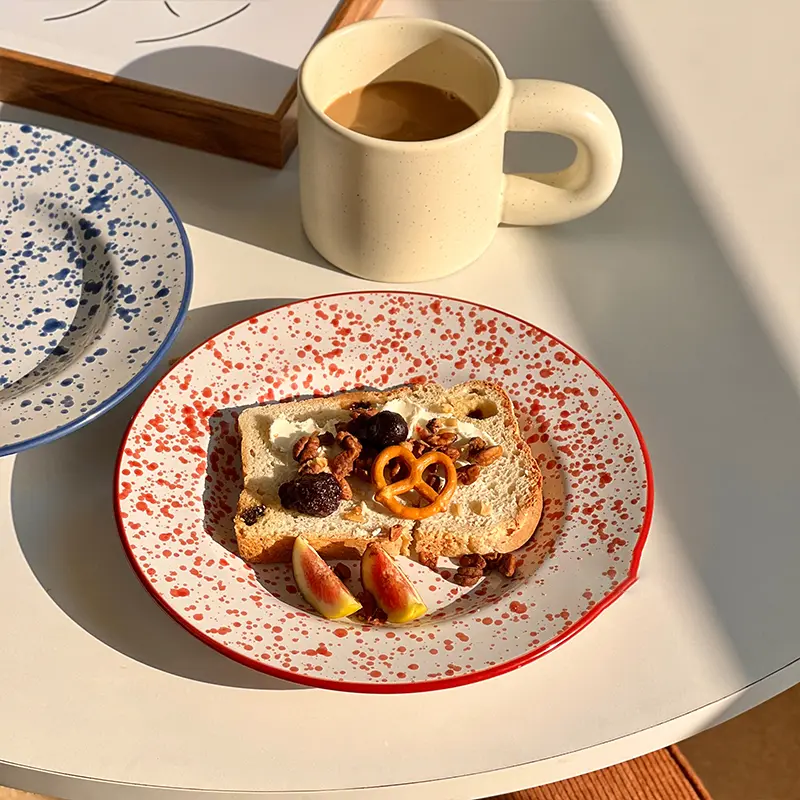 Korean Style Splash Ink Round Plate Ceramic Household Breakfast Snack Plate Cake Dessert Plate Ornaments Tableware