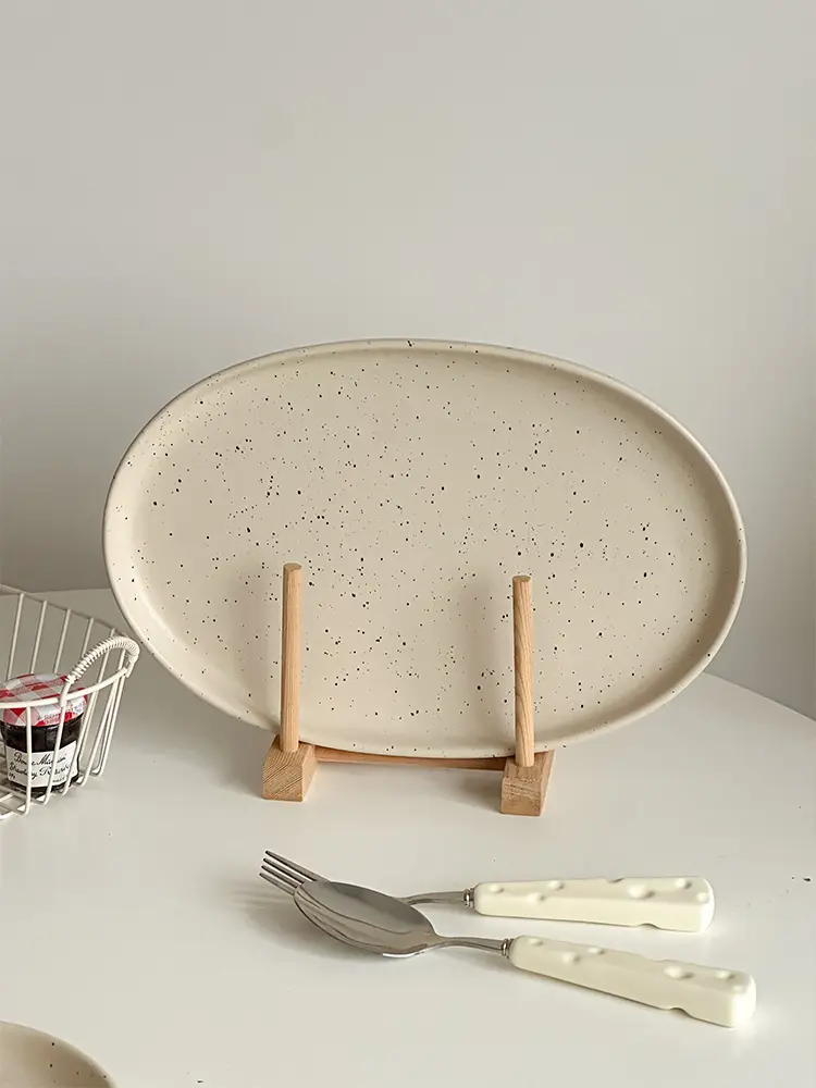 Splash Ink Oval Plate Ceramic Breakfast Dessert Plate Household Western Food Plate Pastry Plate 30cm