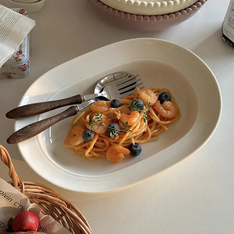 Simple Ceramic Oval Deep Dish Western Spaghetti Plate Solid Colour Breakfast Dessert Disc Kitchen Vegetable Plates