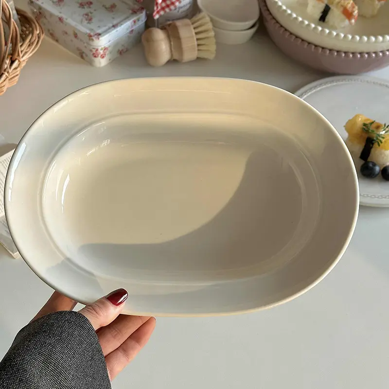 Simple Ceramic Oval Deep Dish Western Spaghetti Plate Solid Colour Breakfast Dessert Disc Kitchen Vegetable Plates