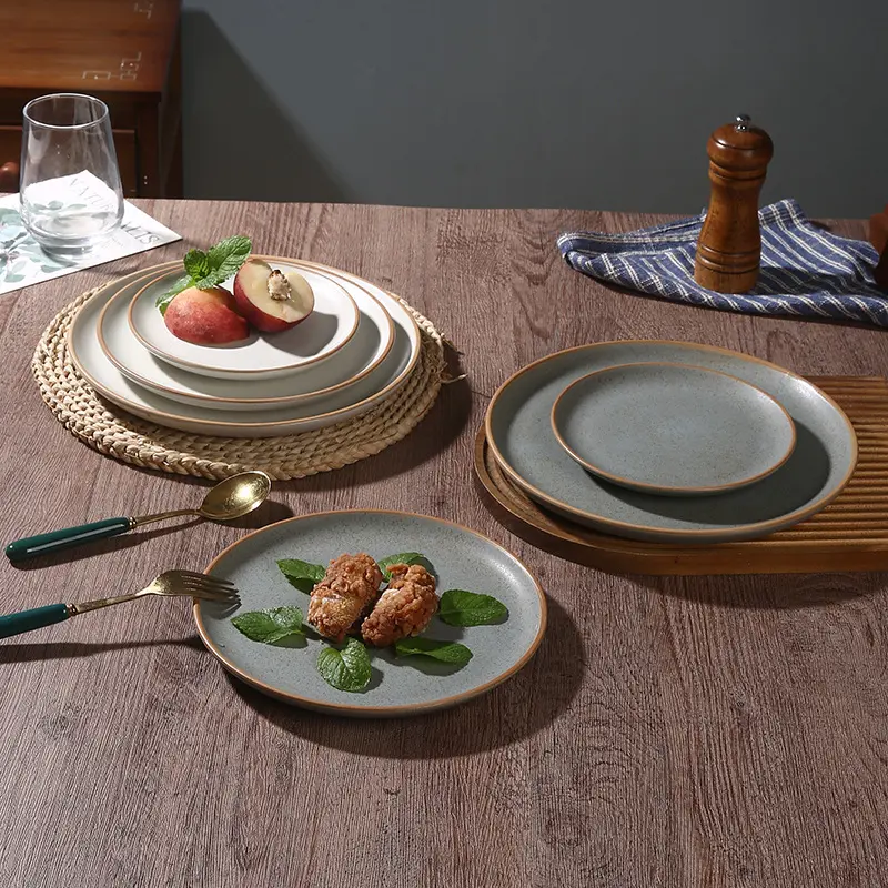 Household Ceramic Plate Vintage Round Steak Tray Restaurant Flat Dish Simple Western Disc Kitchen Tableware ﻿