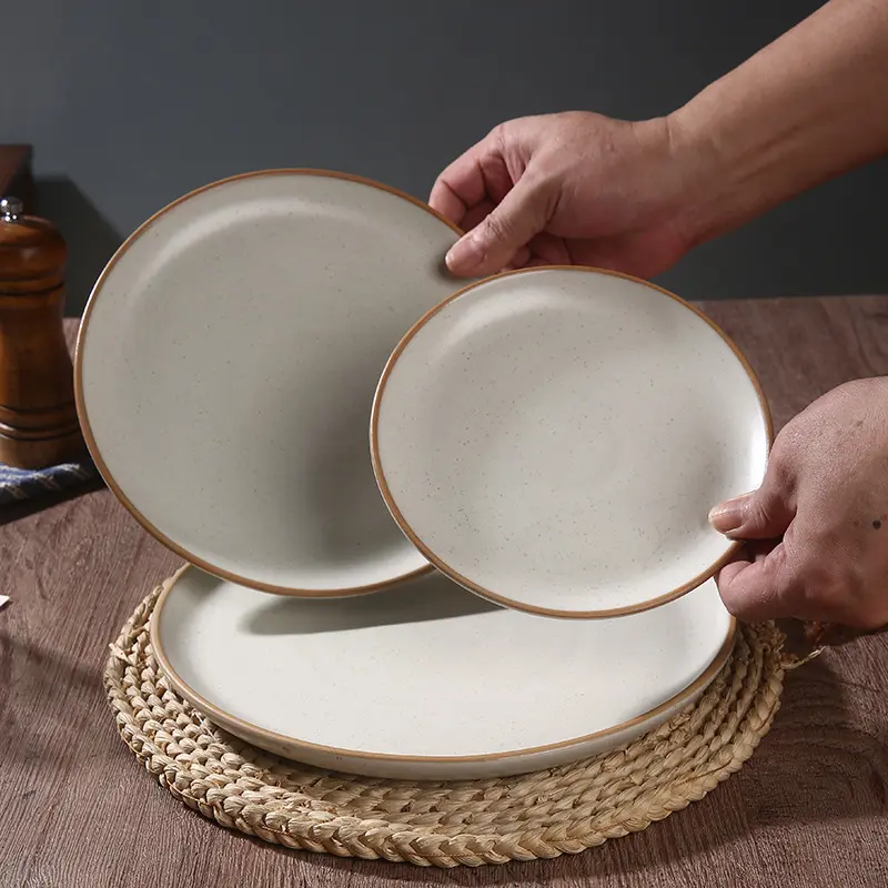 Household Ceramic Plate Vintage Round Steak Tray Restaurant Flat Dish Simple Western Disc Kitchen Tableware ﻿
