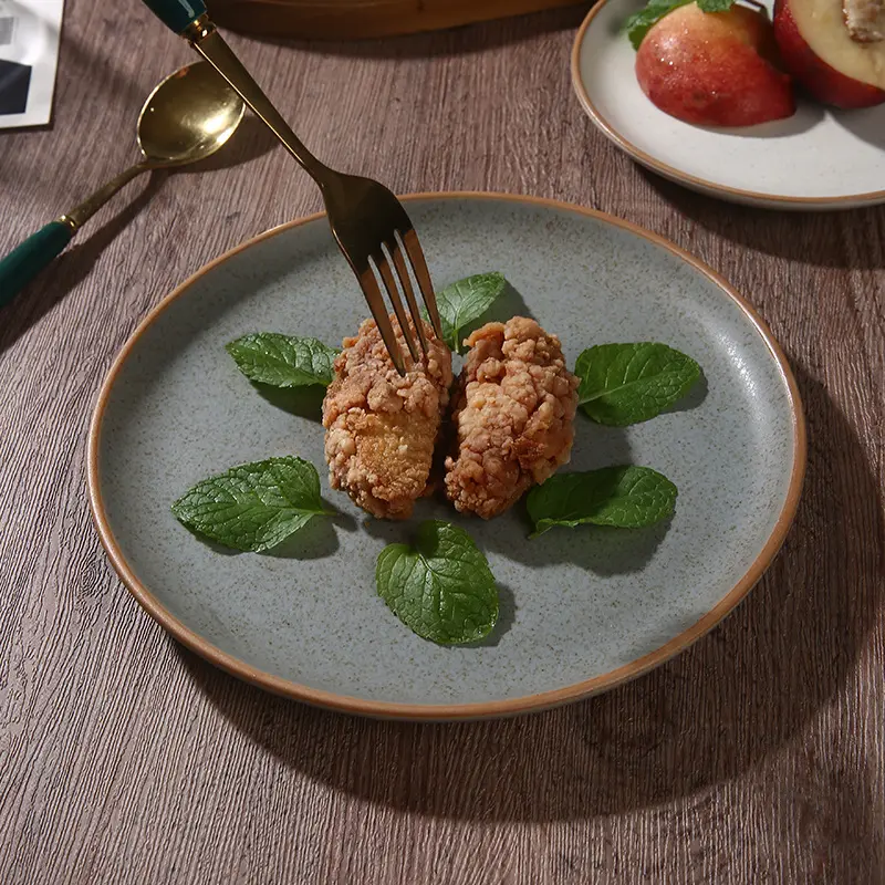 Household Ceramic Plate Vintage Round Steak Tray Restaurant Flat Dish Simple Western Disc Kitchen Tableware ﻿
