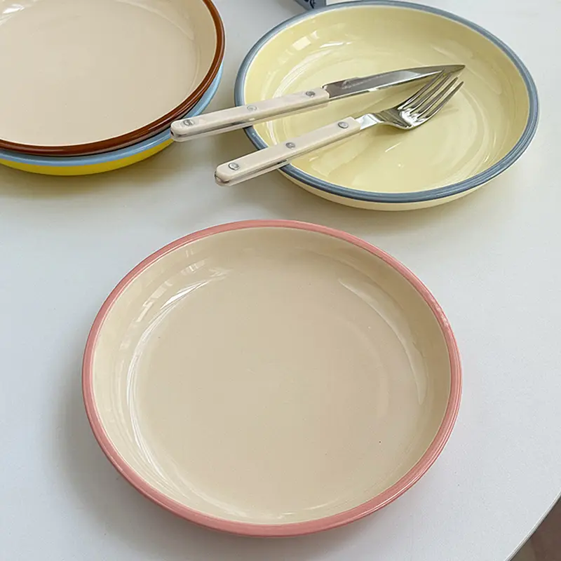 Korean Style Simple Ceramic Bread Plates Household Underglaze Colored Breakfast Toast Disc Afternoon Tea Snack Pastry Plate