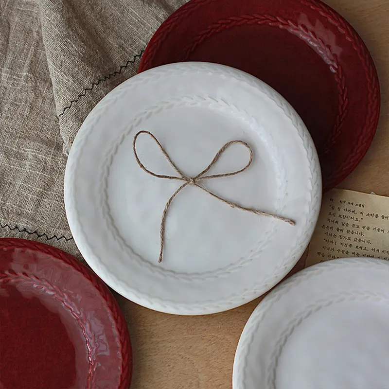 21.5cm Ceramic Embossed Breakfast Plate French Delicate Western Steak Dish Dessert Disc Solid Color Tableware