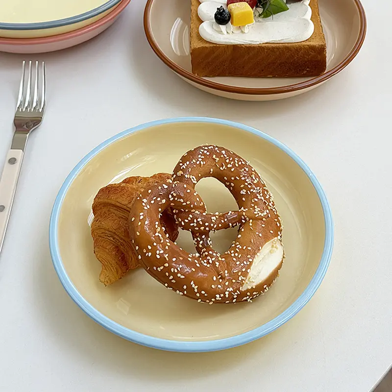 Korean Style Simple Ceramic Bread Plates Household Underglaze Colored Breakfast Toast Disc Afternoon Tea Snack Pastry Plate
