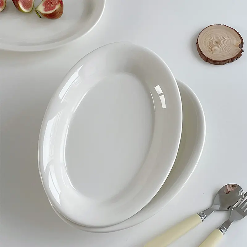 White Ceramic Oval Plate Western Plate Household Fish Plate Simple Dessert Snack Plate Korean Tableware