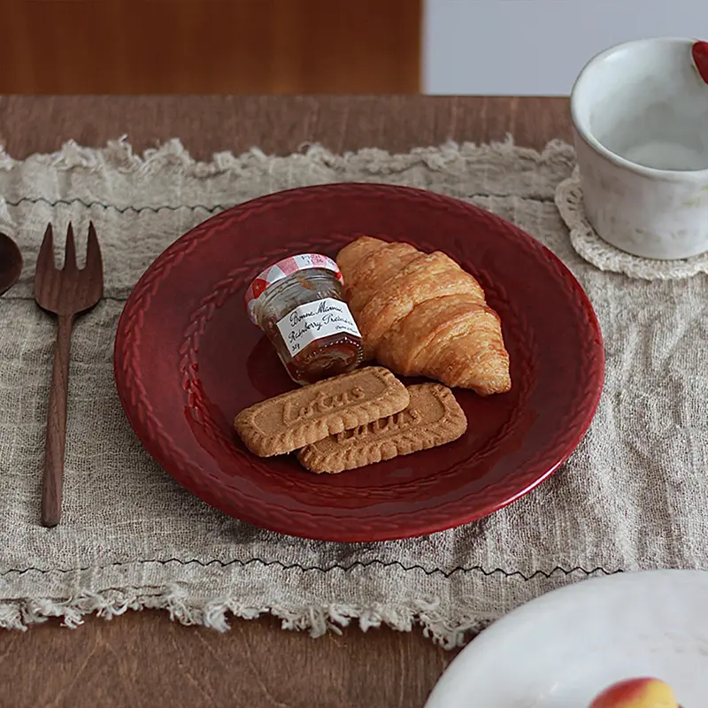 21.5cm Ceramic Embossed Breakfast Plate French Delicate Western Steak Dish Dessert Disc Solid Color Tableware