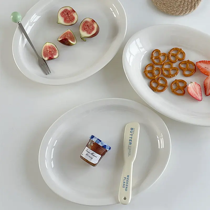 White Ceramic Oval Plate Western Plate Household Fish Plate Simple Dessert Snack Plate Korean Tableware