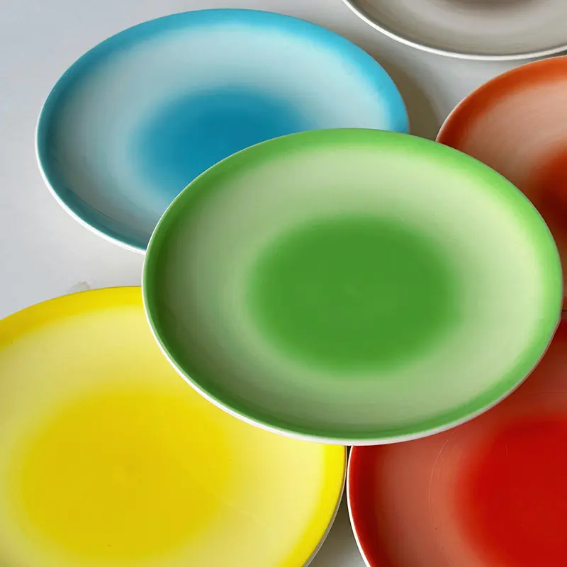 Gradient Coloured Ceramic Plates High Quality Dessert Cake Round Plate Exquisite Kiln Transformed Dinner Plates Tableware