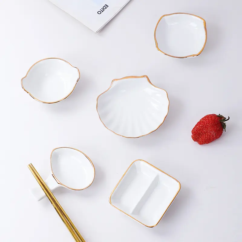 Gold-Rimmed Ceramic Small Dish Home Soy Vinegar Saucer Hot Pot Dip Seasoning Bowl Pickle Small Plate Sushi Sauce Platter