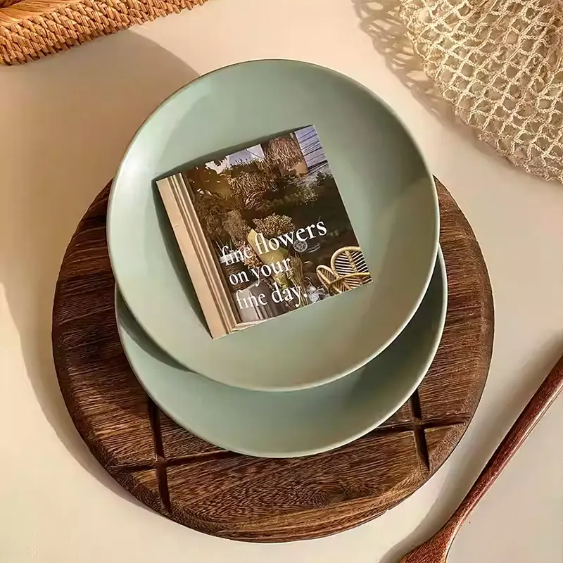 Green Ceramic Plate Household 19.7cm Round Dinner Disc Dessert Cake Shallow Plates Coffee Shop Solid Colour Tableware