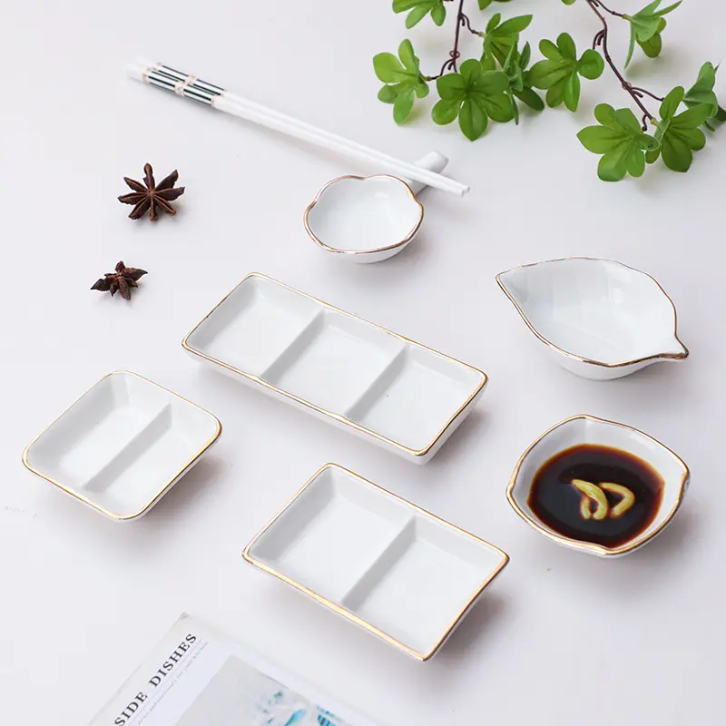Gold-Rimmed Ceramic Small Dish Home Soy Vinegar Saucer Hot Pot Dip Seasoning Bowl Pickle Small Plate Sushi Sauce Platter