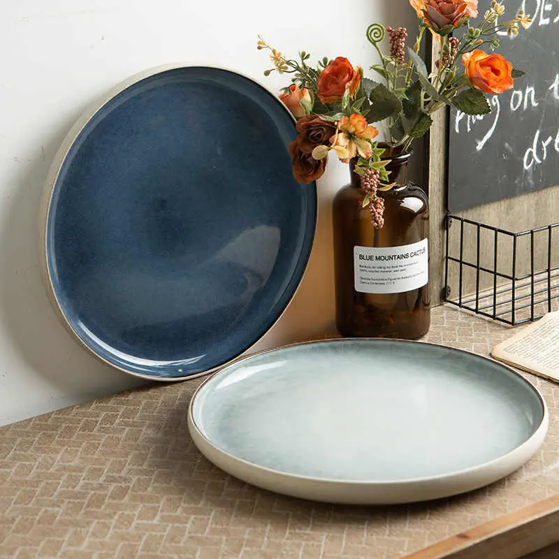 Crude Pottery Steak Plate 25.4cm Ceramic Western Food Plates Household Flat Dish Simple Spaghetti Dishes Dessert Tray