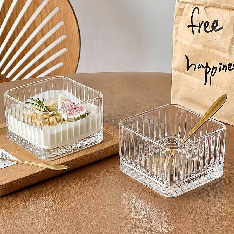 Vintage Striped Glass Ice Cream Bowl Square Dessert Fruit Oatmeal Breakfast Bowls Mini Transparent Yoghurt Salad Bowl