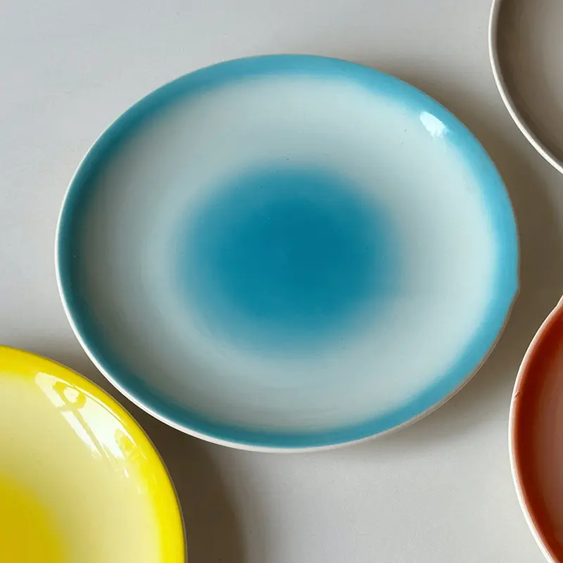 Gradient Coloured Ceramic Plates High Quality Dessert Cake Round Plate Exquisite Kiln Transformed Dinner Plates Tableware