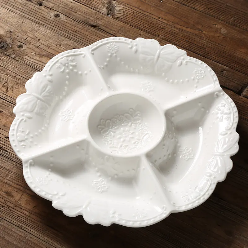 European Ceramic Fruit Plate Home White Relief Tray Nuts Snack Dish Breakfast Children Five-Compartment Dinner Platter
