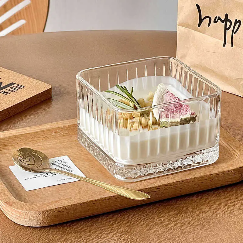 Vintage Striped Glass Ice Cream Bowl Square Dessert Fruit Oatmeal Breakfast Bowls Mini Transparent Yoghurt Salad Bowl