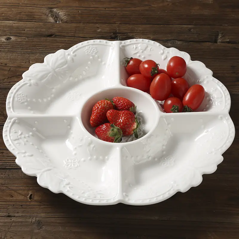 European Ceramic Fruit Plate Home White Relief Tray Nuts Snack Dish Breakfast Children Five-Compartment Dinner Platter