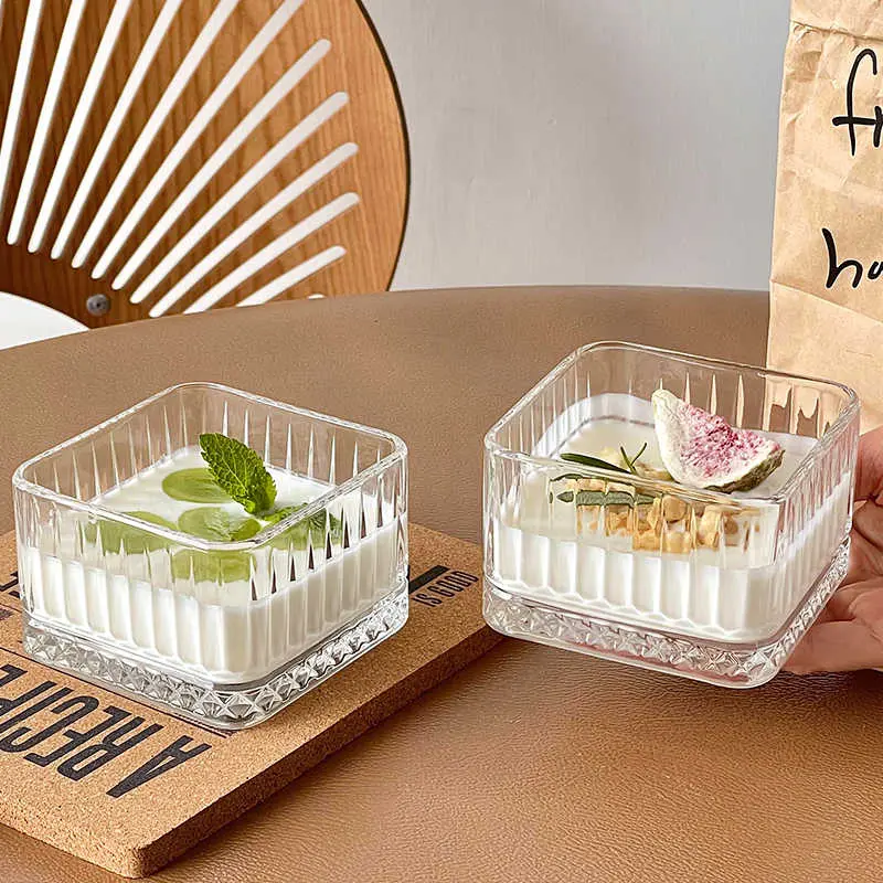 Vintage Striped Glass Ice Cream Bowl Square Dessert Fruit Oatmeal Breakfast Bowls Mini Transparent Yoghurt Salad Bowl