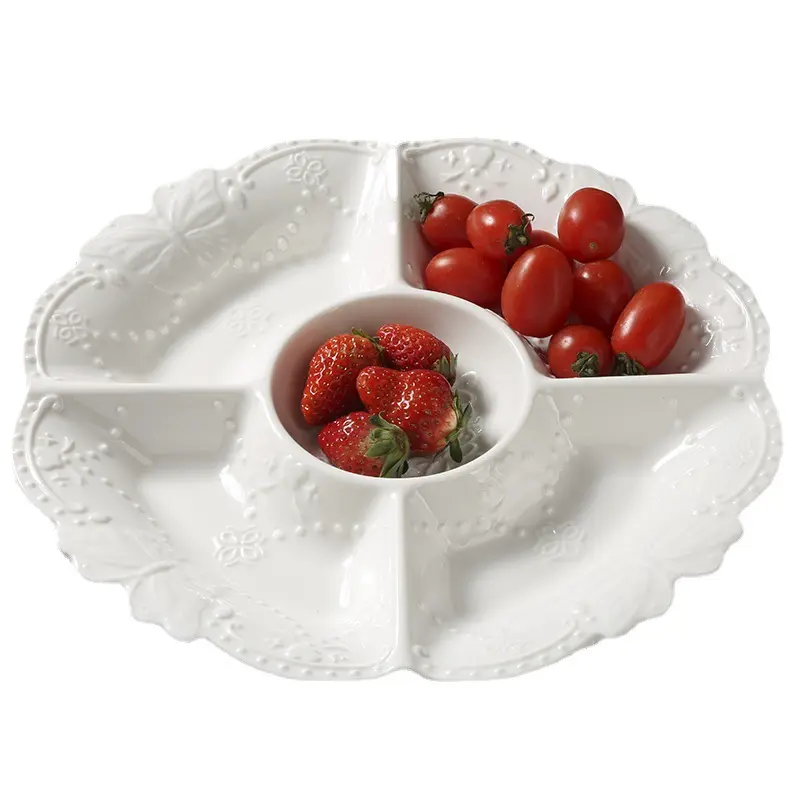 European Ceramic Fruit Plate Home White Relief Tray Nuts Snack Dish Breakfast Children Five-Compartment Dinner Platter
