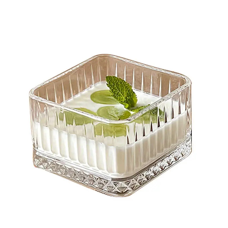 Vintage Striped Glass Ice Cream Bowl Square Dessert Fruit Oatmeal Breakfast Bowls Mini Transparent Yoghurt Salad Bowl