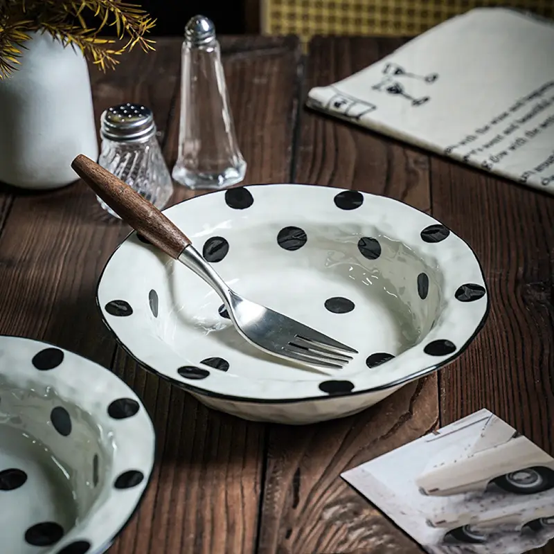 Korean Irregular Ceramic Straw Hat Plate Household Polka Dot Salad Plate Western Spaghetti Plate Creative Kitchen Tableware