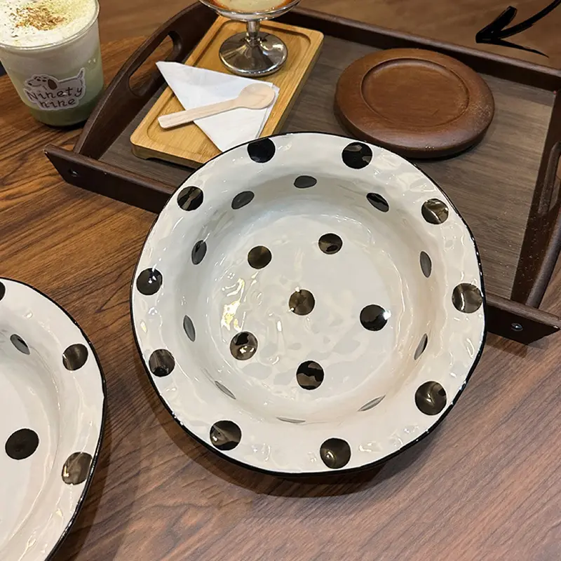 Korean Irregular Ceramic Straw Hat Plate Household Polka Dot Salad Plate Western Spaghetti Plate Creative Kitchen Tableware