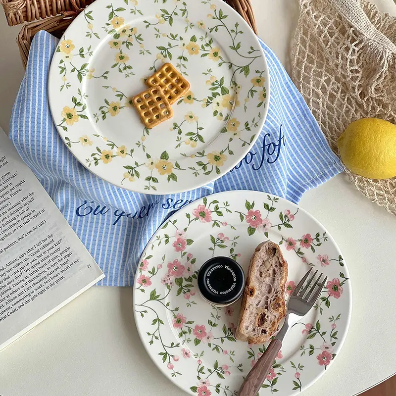 20.6cm Korean Style Floral Printed Dessert Plate Household Ceramic Spaghetti Western Flat Plates Afternoon Tea Cake Dish