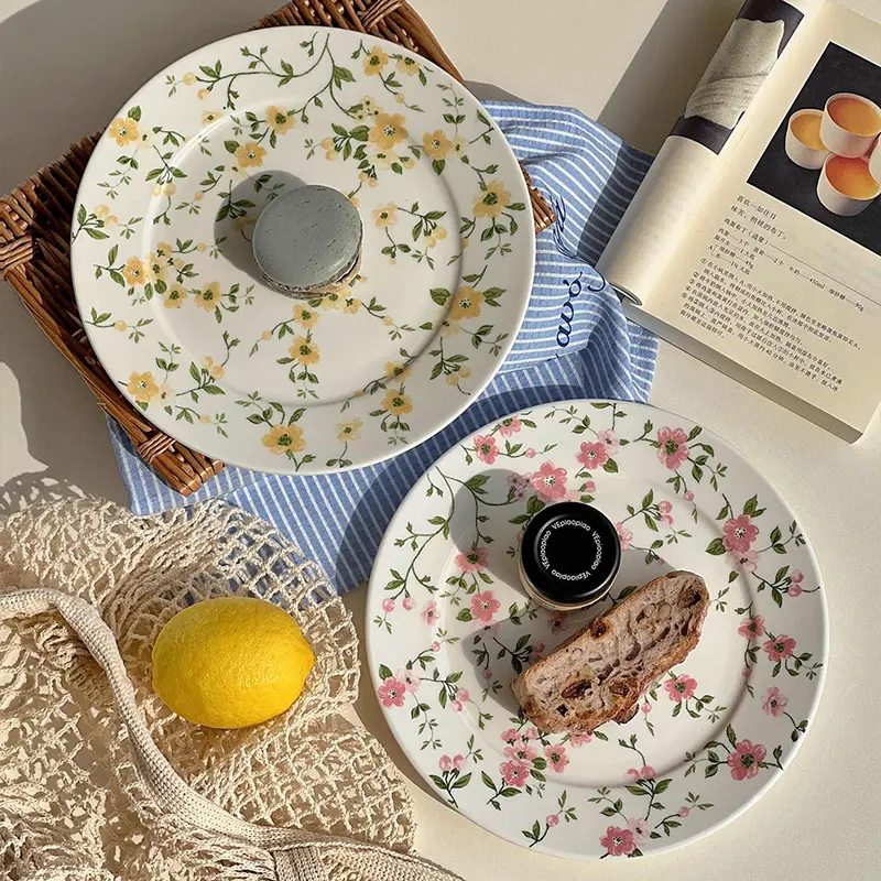 20.6cm Korean Style Floral Printed Dessert Plate Household Ceramic Spaghetti Western Flat Plates Afternoon Tea Cake Dish