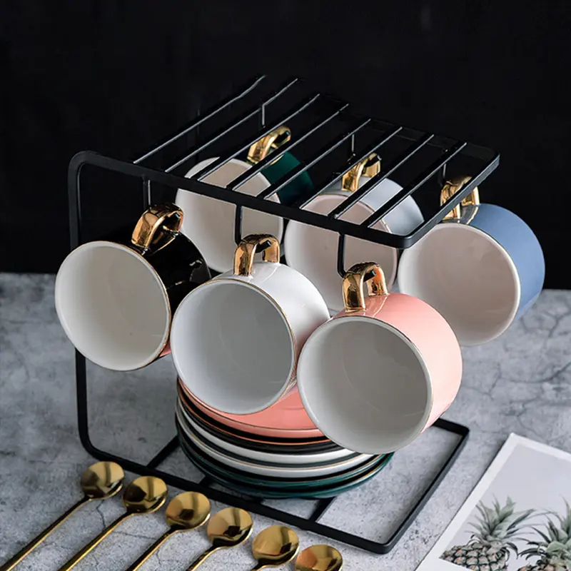 European Luxury Gold Rimmed Coffee Cups And Saucers Household 220ml Ceramic Cups And Saucers Afternoon Tea Drinkware