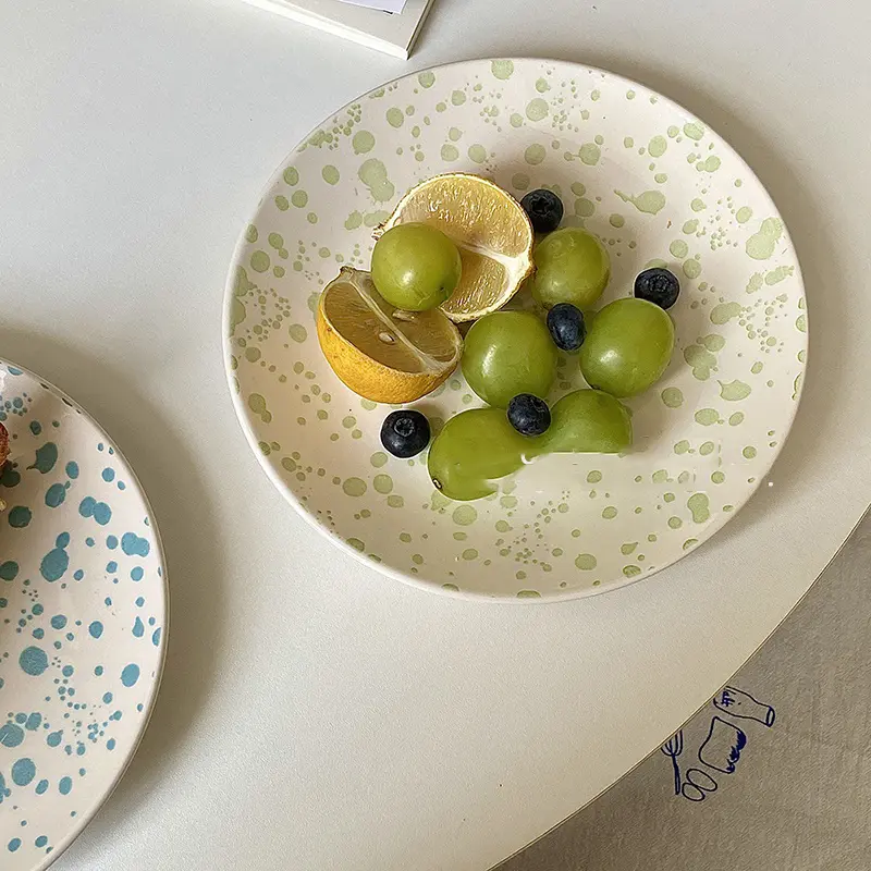 Ceramic Ink Splash Plate Colourful Polka Dot Bread Disc Afternoon Tea Cake Dessert Dish Round Fruit Vegetable Salad Platter