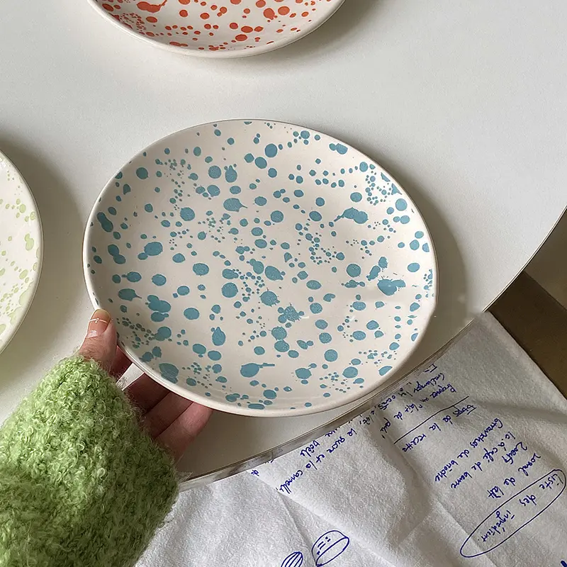 Ceramic Ink Splash Plate Colourful Polka Dot Bread Disc Afternoon Tea Cake Dessert Dish Round Fruit Vegetable Salad Platter