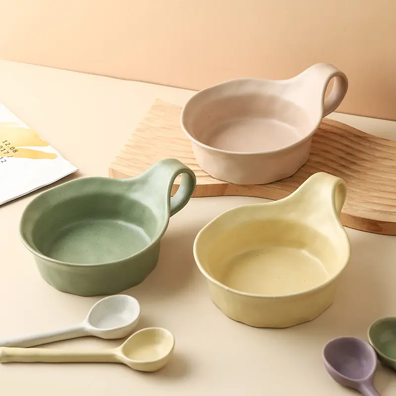 Rough Ceramic Bowl with Handle Fruit Vegetable Salad Plate Breakfast Yogurt Oatmeal Bowls Home Ice Cream Dessert Deep Dish