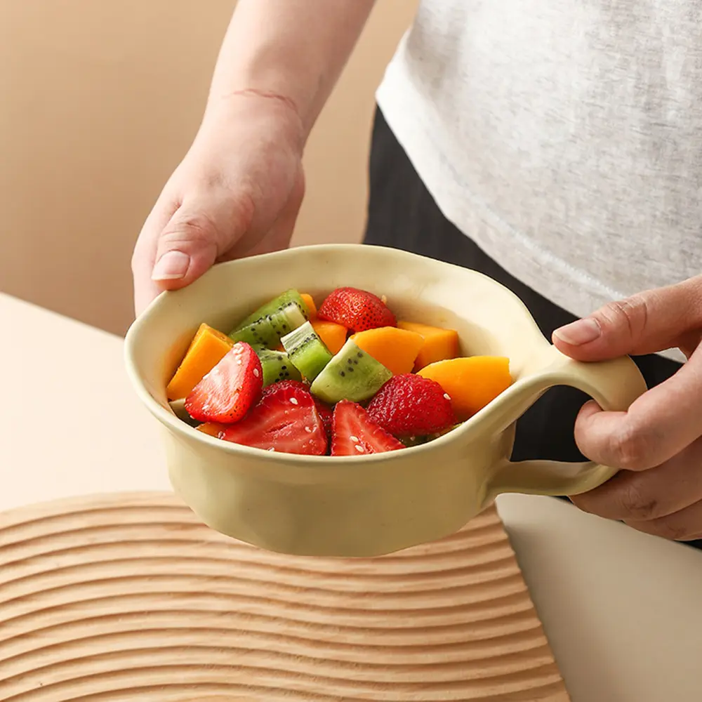 Rough Ceramic Bowl with Handle Fruit Vegetable Salad Plate Breakfast Yogurt Oatmeal Bowls Home Ice Cream Dessert Deep Dish