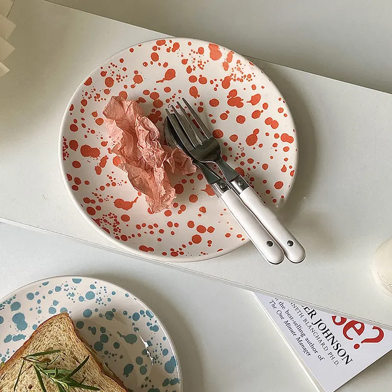 Ceramic Ink Splash Plate Colourful Polka Dot Bread Disc Afternoon Tea Cake Dessert Dish Round Fruit Vegetable Salad Platter