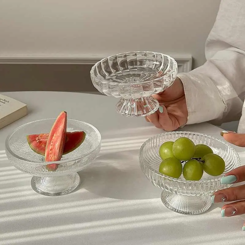 Glass High Fruit Plate Transparent Household Living Room Snack Disc Ornaments Candy Pastry Dessert Dish Tableware
