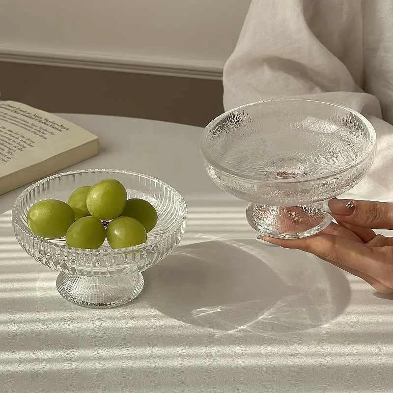 Glass High Fruit Plate Transparent Household Living Room Snack Disc Ornaments Candy Pastry Dessert Dish Tableware