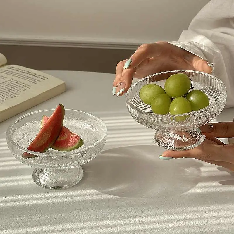 Glass High Fruit Plate Transparent Household Living Room Snack Disc Ornaments Candy Pastry Dessert Dish Tableware