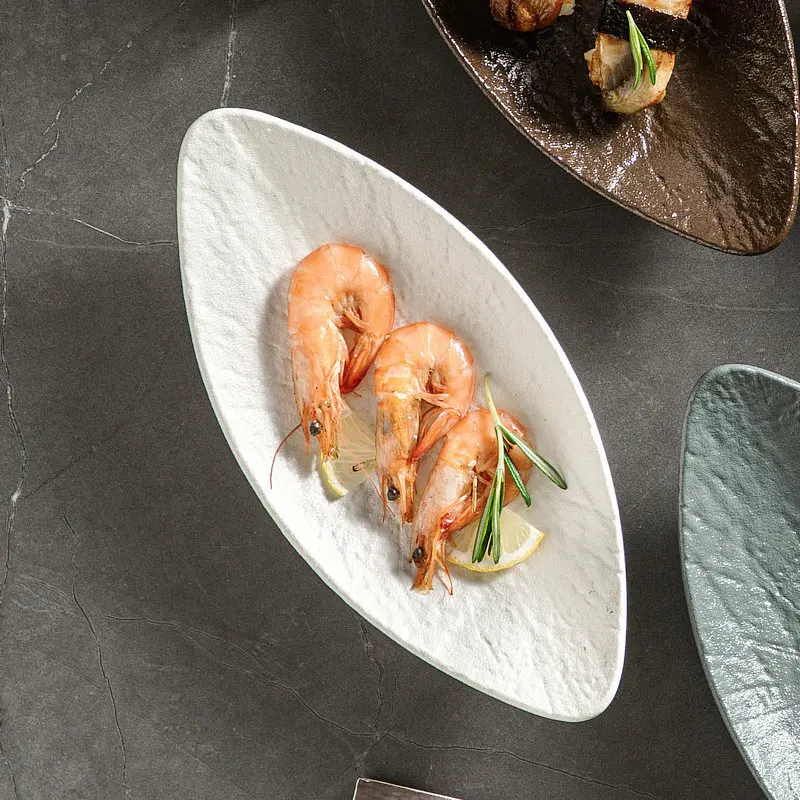 Japanese Frosted Oval Plate Household Snack Cake Sushi Dish Solid Color Relief Fruit Vegetable Salad Tray Dessert Platter