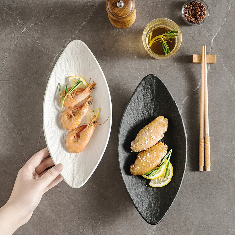 Japanese Frosted Oval Plate Household Snack Cake Sushi Dish Solid Color Relief Fruit Vegetable Salad Tray Dessert Platter
