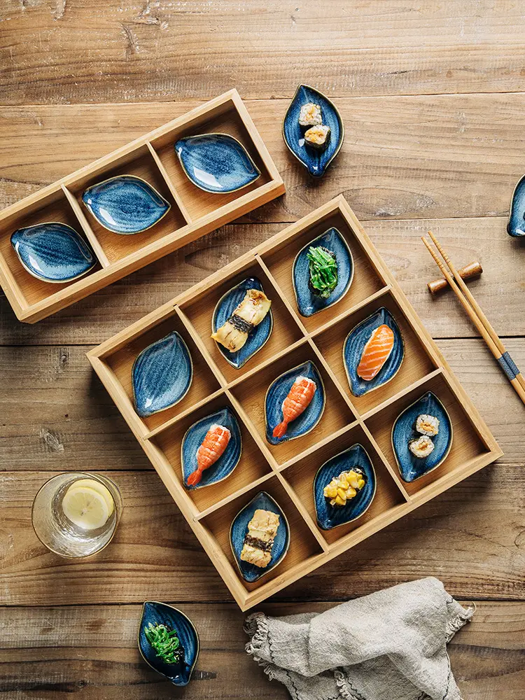 Japanese Ceramic Sushi Dish Dessert Plate Divided Grid Platter Seasoning Plate Bamboo Nine-palace Grid Tableware