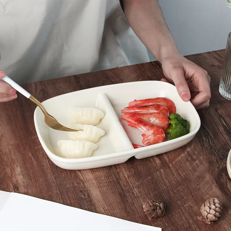 Japanese Simple Children Tableware Home Two Compartments Separate Dinner Plate Ceramic Fruit Snack Platter Breakfast Salad Tray