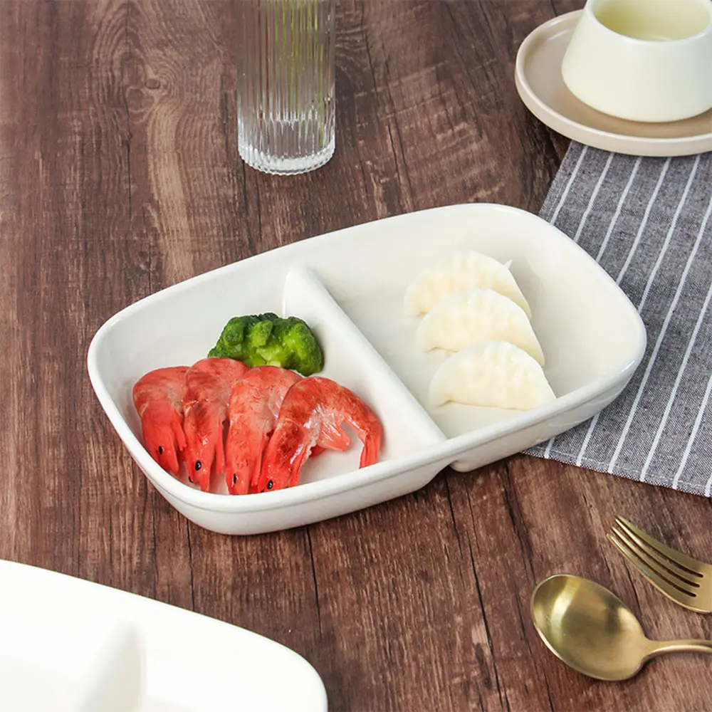 Japanese Simple Children Tableware Home Two Compartments Separate Dinner Plate Ceramic Fruit Snack Platter Breakfast Salad Tray