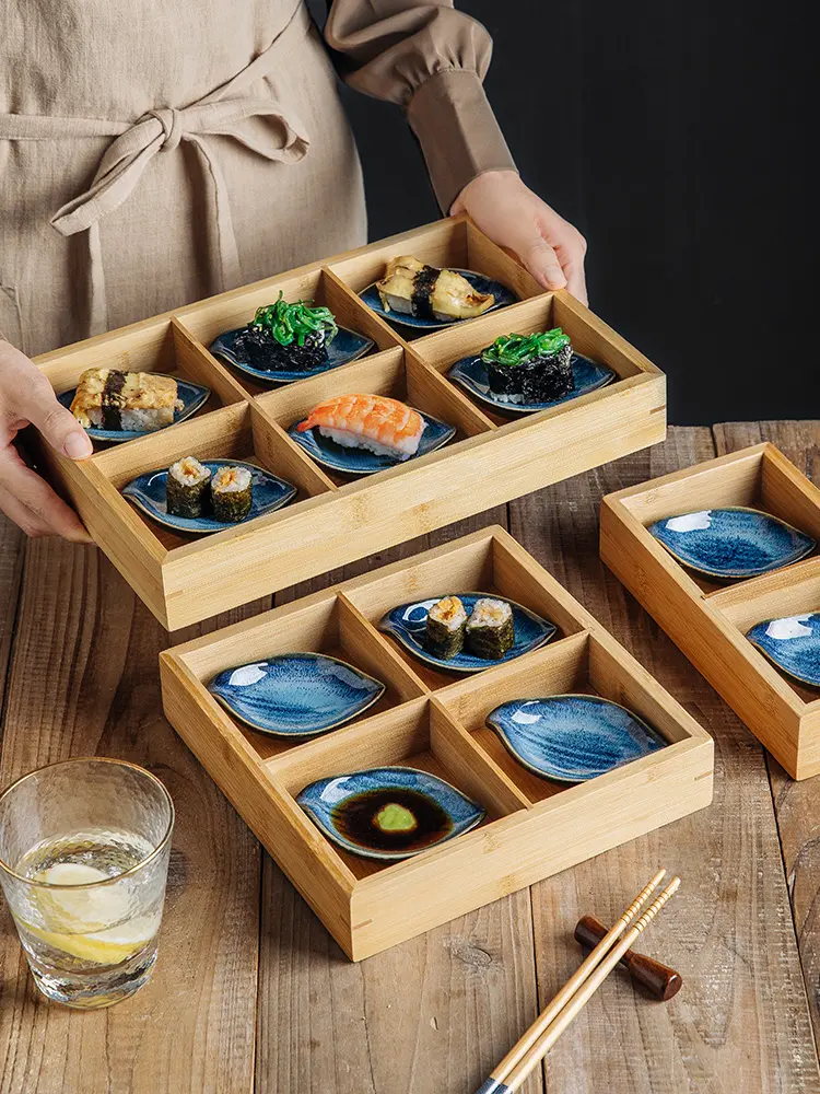 Japanese Ceramic Sushi Dish Dessert Plate Divided Grid Platter Seasoning Plate Bamboo Nine-palace Grid Tableware