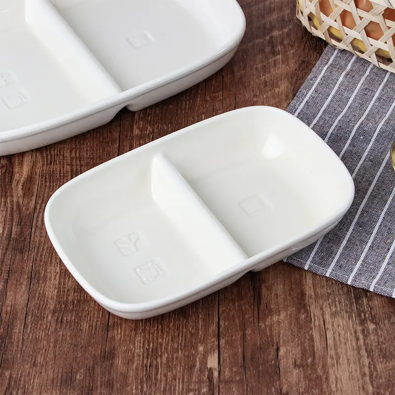 Japanese Simple Children Tableware Home Two Compartments Separate Dinner Plate Ceramic Fruit Snack Platter Breakfast Salad Tray