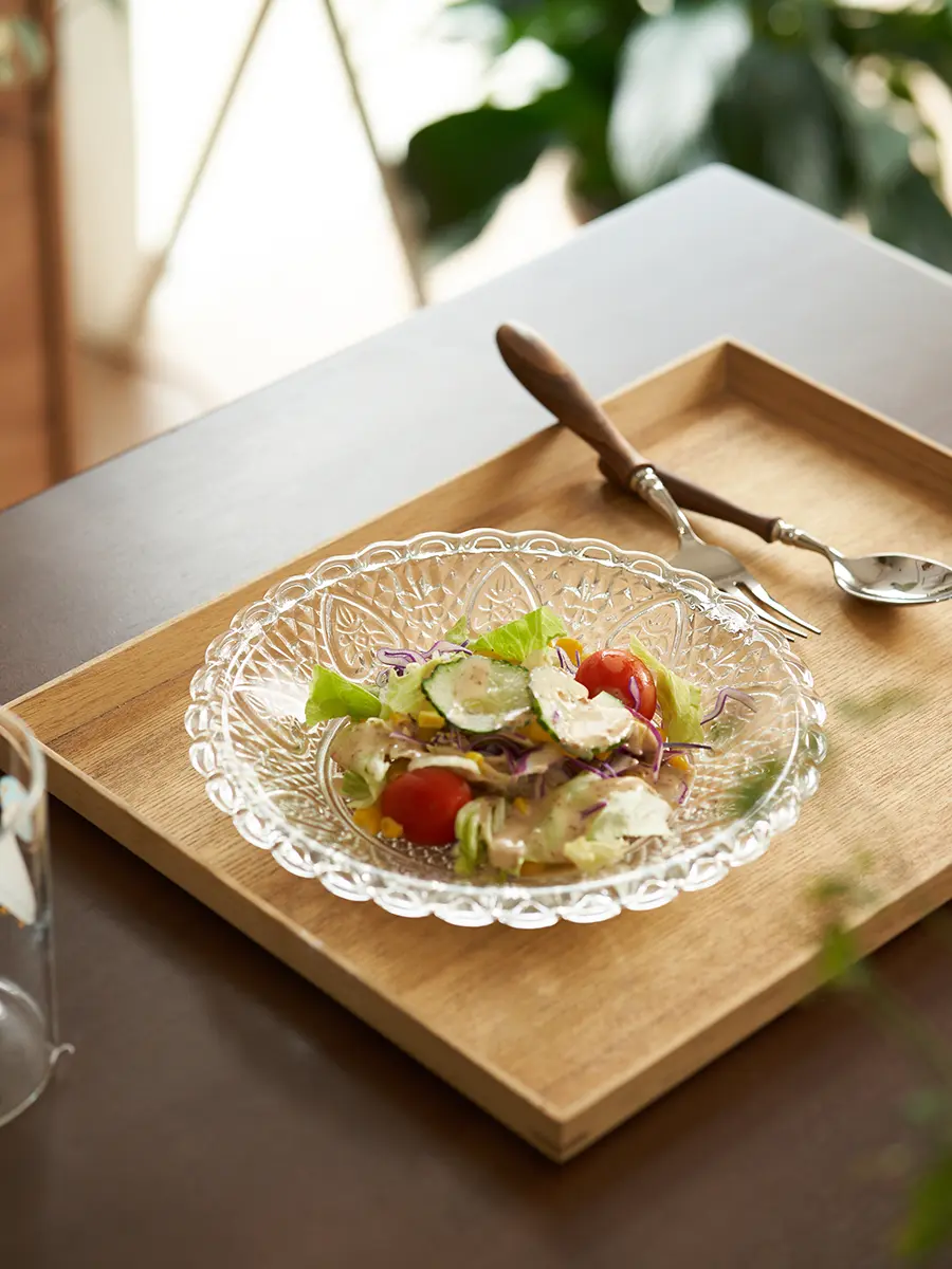 European Simple Glass Plate Round Lace Transparent Dish Fruit Vegetable Salad Disc Afternoon Tea Snack Dessert Tray
