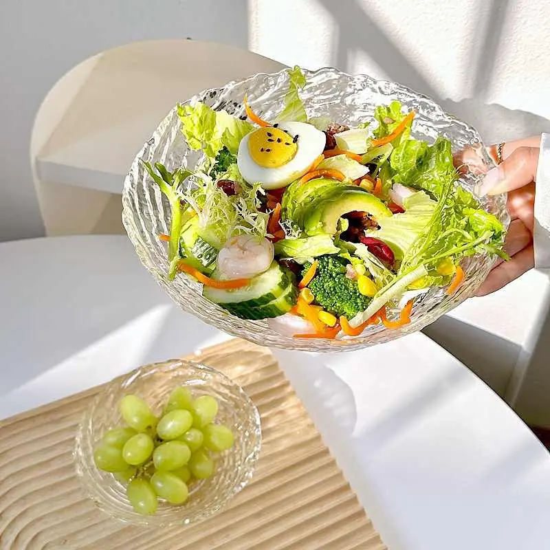 Irregular Ice Pattern Glass Bowl Fruit Tray Household Living Room Snacks Deep Dish Vegetable Salad Bowls Tableware