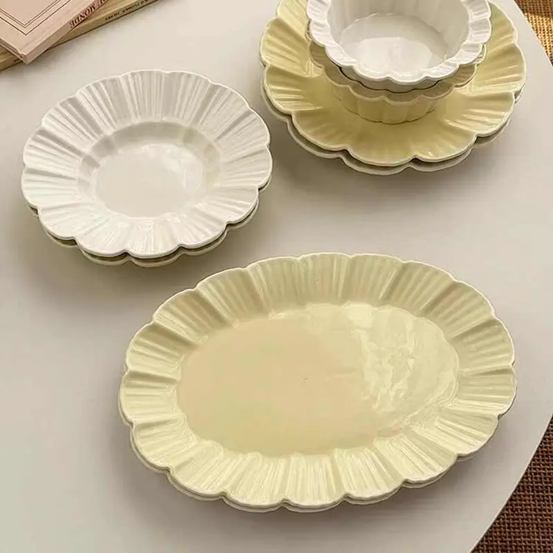 Solid Colour Ceramic Tableware Simple Dessert Plate Fruit Dessert Bowl Oval Western Food Dish Bread Tray Household