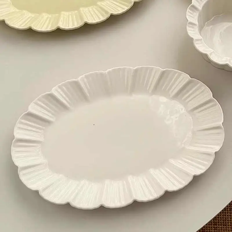 Solid Colour Ceramic Tableware Simple Dessert Plate Fruit Dessert Bowl Oval Western Food Dish Bread Tray Household